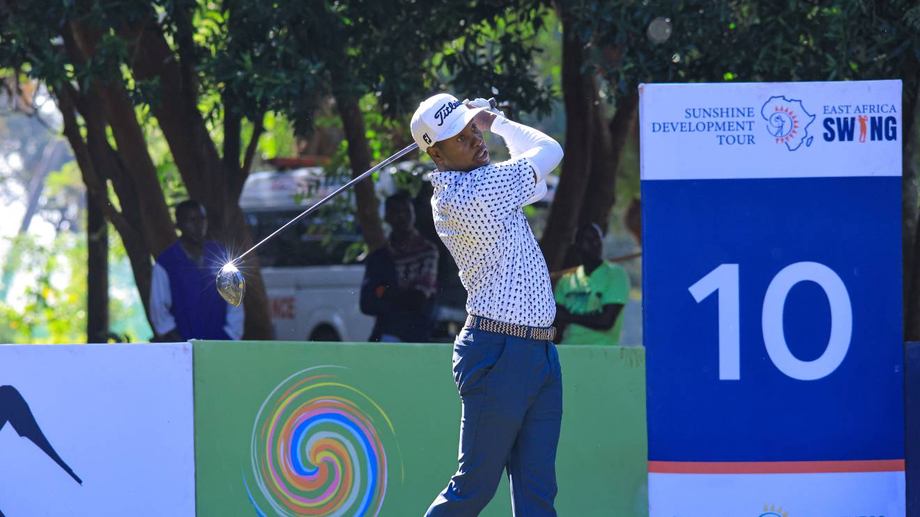 John Lejirma tees off at the Shunshine Development Tour East Africa Swing at Ruiru Sports. PHOTO/COURTESY